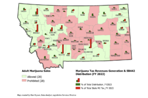 A map and chart showing how much each county provides in marijuana tax revenue from sales and how much county road funding they stand to receive out of the fund under the LSD analysis. (Source: Legislative Services Division)