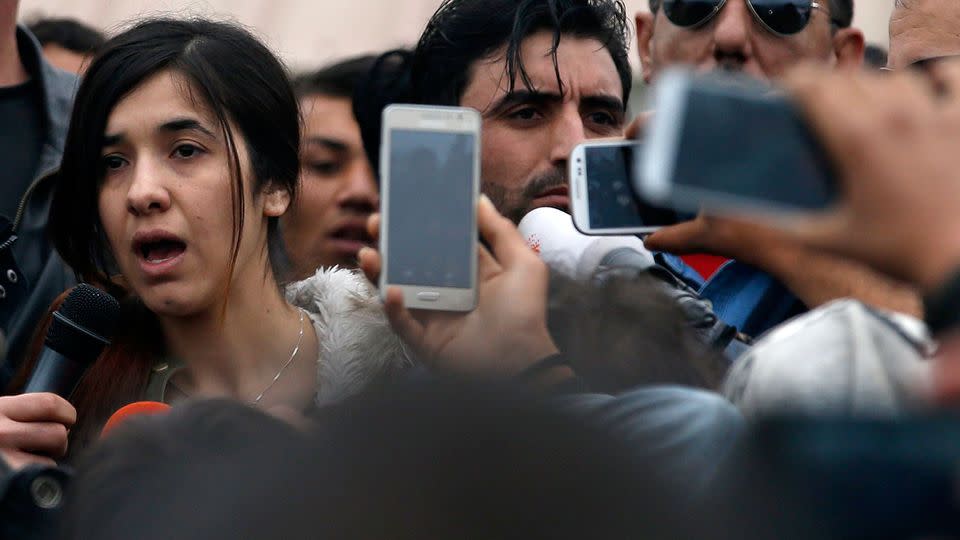 Islamic State rape victim Iraqi Yazidi Nadia Murad Basee Taha speaks during her visit in a makeshift refugee camp in Greece. Photo: AP