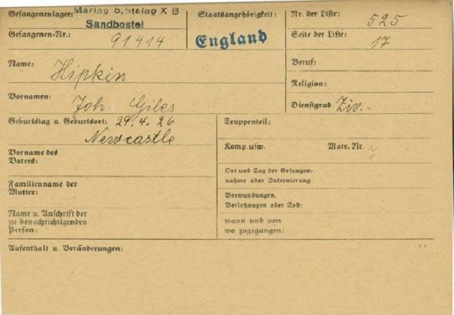 The Northern Echo: John Hipkin's German POW card, one of several documents opened by the National Archives