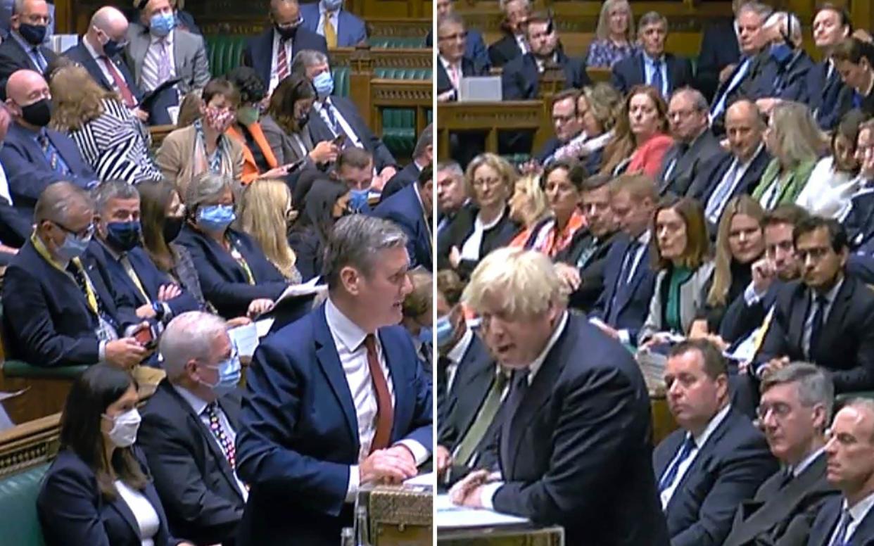 Labour MPs, left, wearing masks while Tory MPs, right, do not - PA/House of Commons
