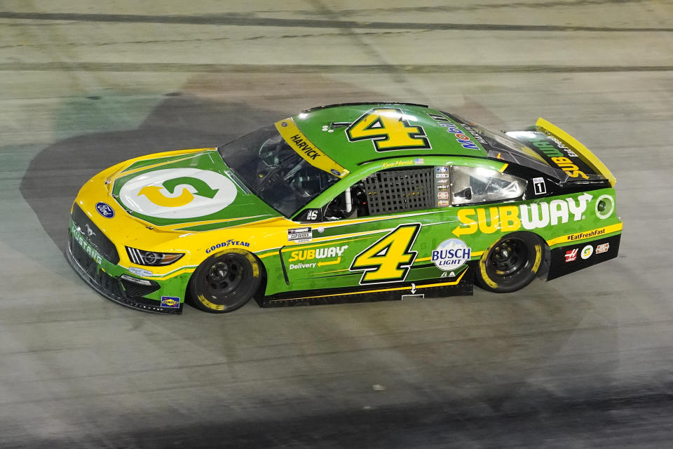 Kevin Harvick drives through a turn during a NASCAR Cup Series auto race at Bristol Motor Speedway Saturday, Sept. 18, 2021, in Bristol, Tenn. (AP Photo/Mark Humphrey)