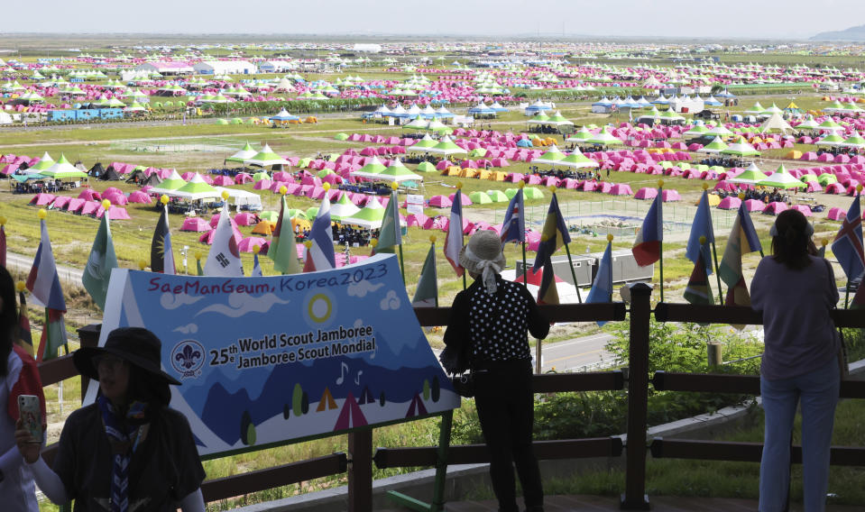 FILE - Tents are pitched at a scout camping site during the World Scout Jamboree in Buan, South Korea, on Aug. 4, 2023. South Korea is preparing to evacuate tens of thousands of scouts from a coastal jamboree site as Tropical Storm Khanun looms, world scouting officials said Monday, Aug. 7. (Choe Young-soo/Yonhap via AP, File)