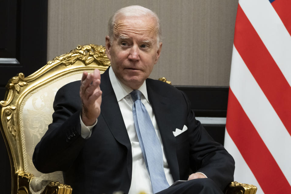 President Joe Biden speaks during a meeting with Egyptian President Abdel Fattah el-Sisi, at the COP27 U.N. Climate Summit, Friday, Nov. 11, 2022, at Sharm el-Sheikh, Egypt. (AP Photo/Alex Brandon)