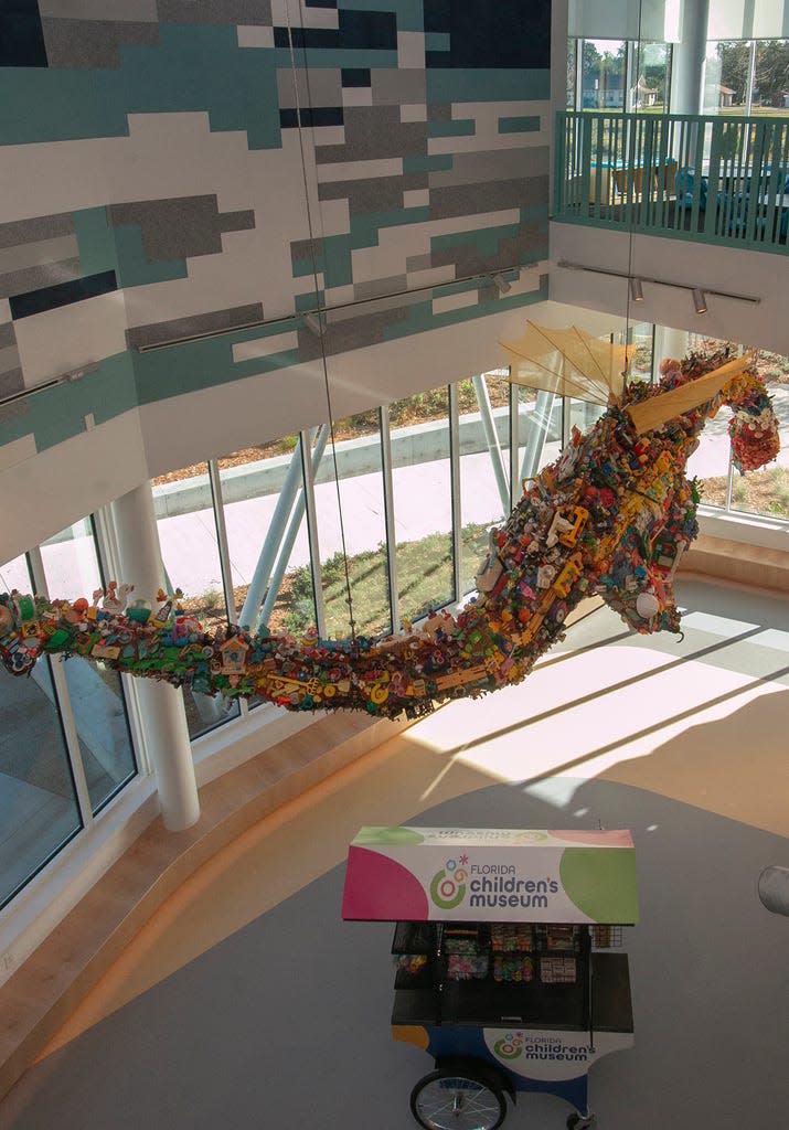 DOT, the dragon of toys, adorns the lobby of the Florida Children's Museum at Bonnet Springs Park. October 31, 2022.