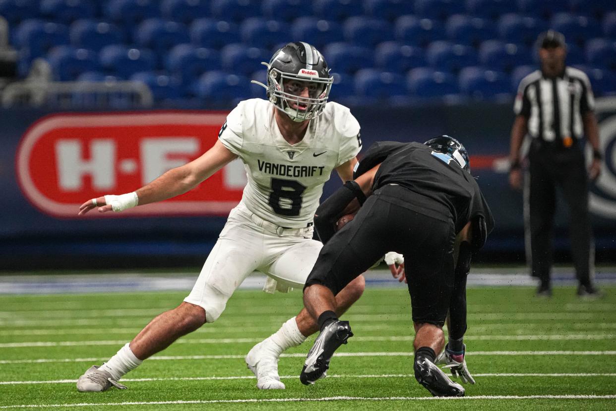 Vandegrift safety Alex Foster, making a tackle against San Antonio Harlan, will fly high with Air Force in the fall. He was an All-Central Texas DB during his junior season with the Vipers.