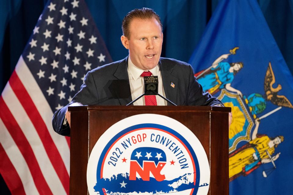 Andrew Giuliani speaks to delegates and assembled party officials at the 2022 NYGOP Convention, Tuesday, March 1, 2022, in Garden City, N.Y. Republicans from across New York met to choose their gubernatorial nominee to run against Gov. Kathy Hochul in November. The GOP nominated U.S. Rep. Lee Zeldin, of Long Island, as the party's designee for this year's gubernatorial race.  (AP Photo/John Minchillo)