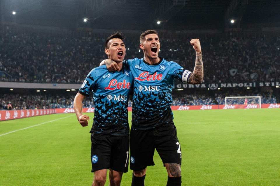 Hirving Lozano and Giovanni Di Lorenzo of SSC Napoli celebrate after scoring a goal to make it 2-1 during the Serie A match between SSC Napoli and Bologna FC at Stadio Diego Armando Maradona on October 16, 2022 in Naples, Italy.