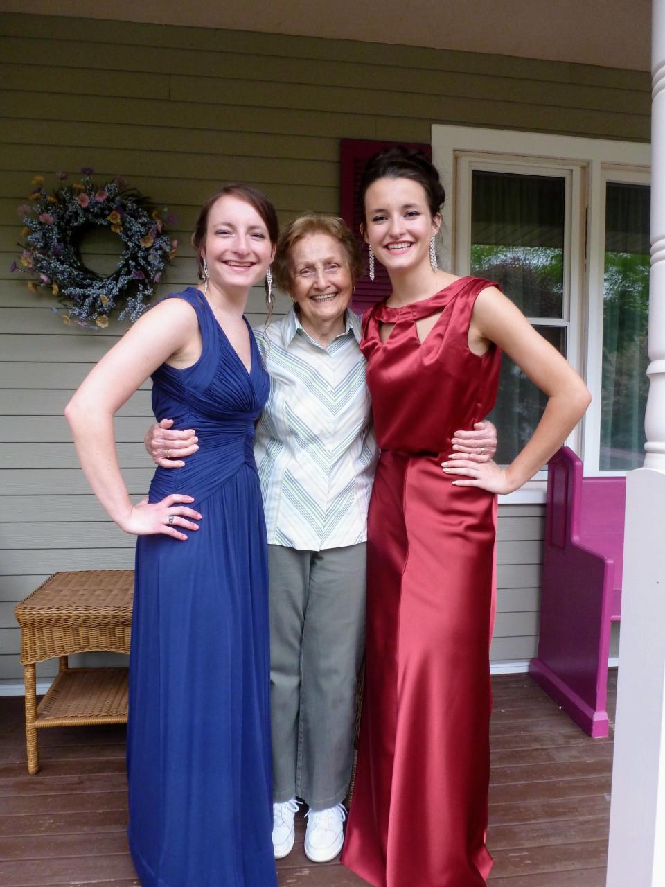 Mary Montminy, 93, center, in 2015 on high school senior prom night with twins Julie Montminy, left, and Jackie Montminy, right.