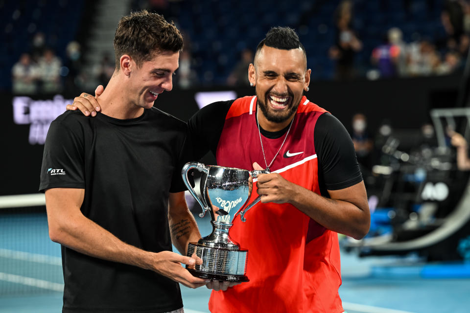 Nick Kyrgios and Thanasi Kokkinakis, pictured here after winning the Australian Open doubles title.