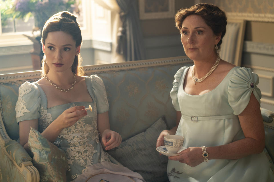 (L to R) Hannah Dodd as Francesca Bridgerton, Ruth Gemmell as Lady Violet Bridgerton in episode 303 of Bridgerton. (Liam Daniel/Netflix)