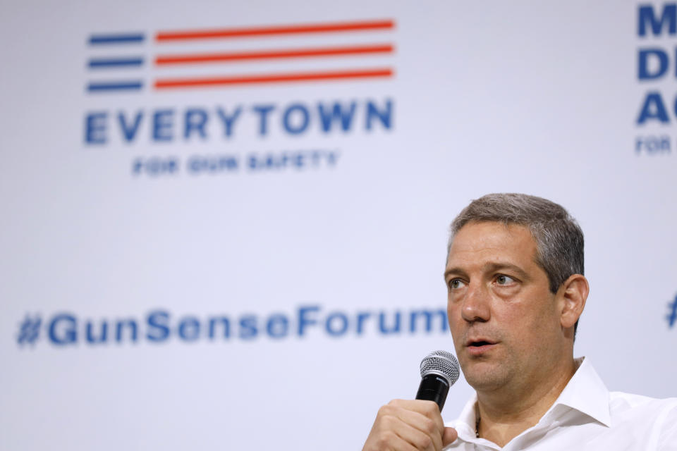 Democratic presidential candidate Rep. Tim Ryan speaks at the Presidential Gun Sense Forum, Saturday, Aug. 10, 2019, in Des Moines, Iowa. (AP Photo/Charlie Neibergall)