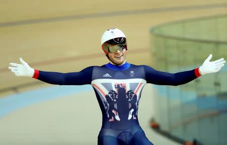 2016 Rio Olympics - Cycling Track - Final - Men's Sprint Final Gold Race - Rio Olympic Velodrome - Rio de Janeiro, Brazil - 14/08/2016. Jason Kenny (GBR) of Britain celebrates after winning Race 2. REUTERS/Paul Hanna