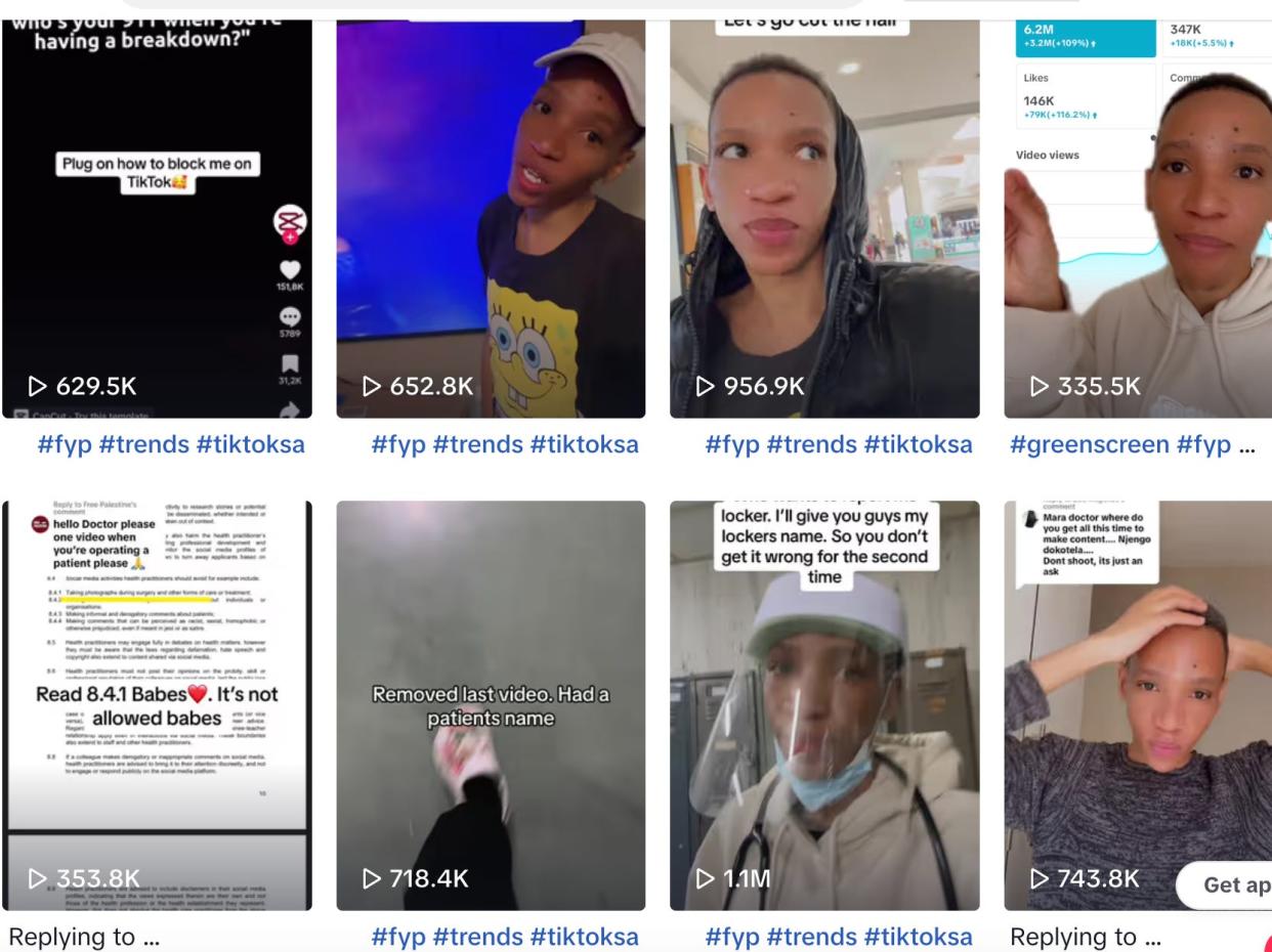 Screenshot of Matthew Lani's TikTok account showing multiple videos, including one where he is wearing a surgical mask and face shield.