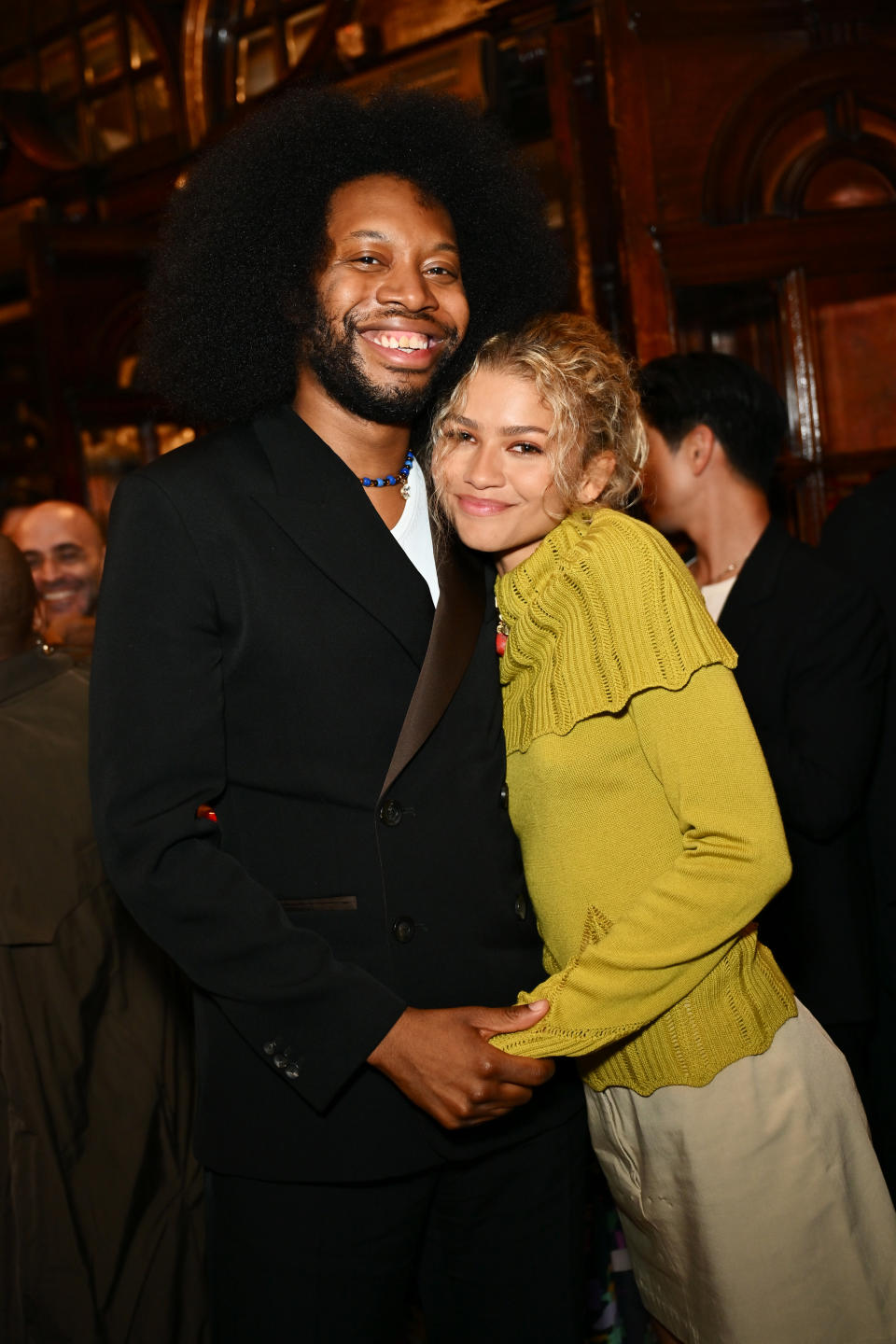 LONDON, ENGLAND - JULY 10: Playwright Jeremy O. Harris and Zendaya pose in the foyer following the press night performance of "Slave Play" at the Noel Coward Theatre on July 10, 2024 in London, England. (Photo by Jed Cullen/Dave Benett/Getty Images)