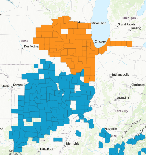 A screenshot of the 2024 cicada emergence map shows where Broods XIX and XIII could overlap, according to Gene Kritsky, a cicada expert and professor in the Department of Biology at Mount St. Joseph University in Cincinnati, Ohio.