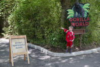 <p>Lucas Salcedo, 5, points toward the shuttered Gorilla World exhibit as he asks his father if they could enter at the Cincinnati Zoo & Botanical Garden, Sunday, May 29, 2016. <em>(AP Photo/John Minchillo)</em> </p>