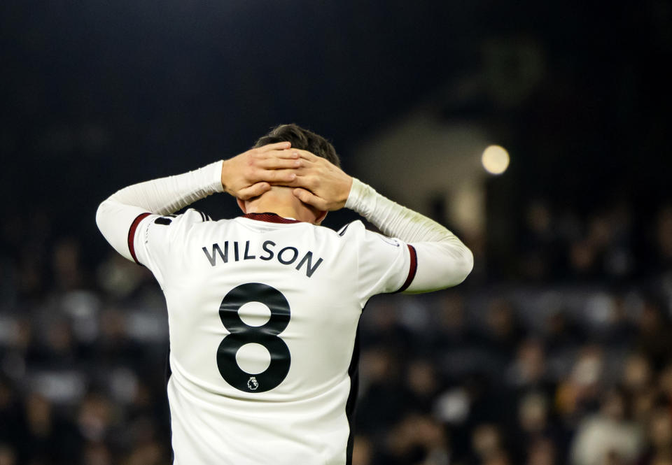 Fulham's Harry Wilson reacts during the English Premier League soccer match between Fulham and Manchester United at the Craven Cottage stadium in London, Sunday, Nov. 13, 2022. (AP Photo/Leila Coker)