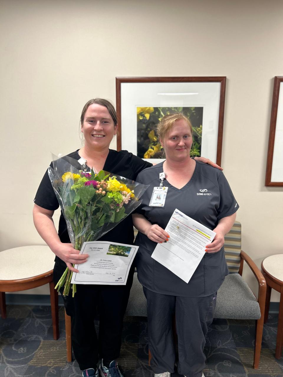 Dr. Carly Salter, left, was recently recognized with an OAK Award by SSM Health following nominations from two patients. Her nurse, Mary Sorrell, right, also was mentioned.