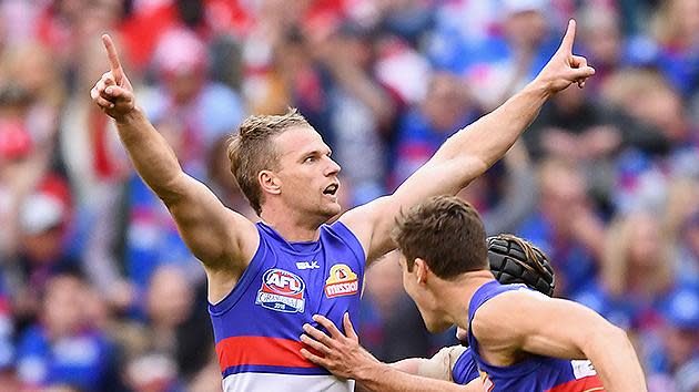 Jake Stringer of the Bulldogs celebrates kicking a goalduring the grand final. Pic: Getty