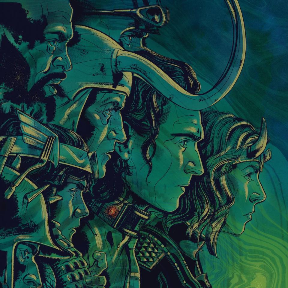 A green hued illustration featuring the most notable Variants of Loki from season one all looking in the same direction