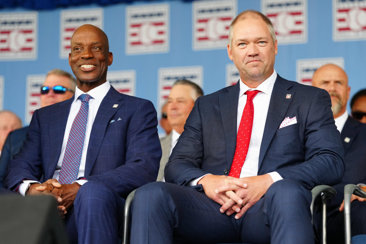 Baseball Hall of Fame 2023 inductees Fred McGriff (left) and Scott Rolen both gave heartfelt speeches Sunday in Cooperstown, New York. (Photo by Mary DeCicco/MLB Photos via Getty Images)