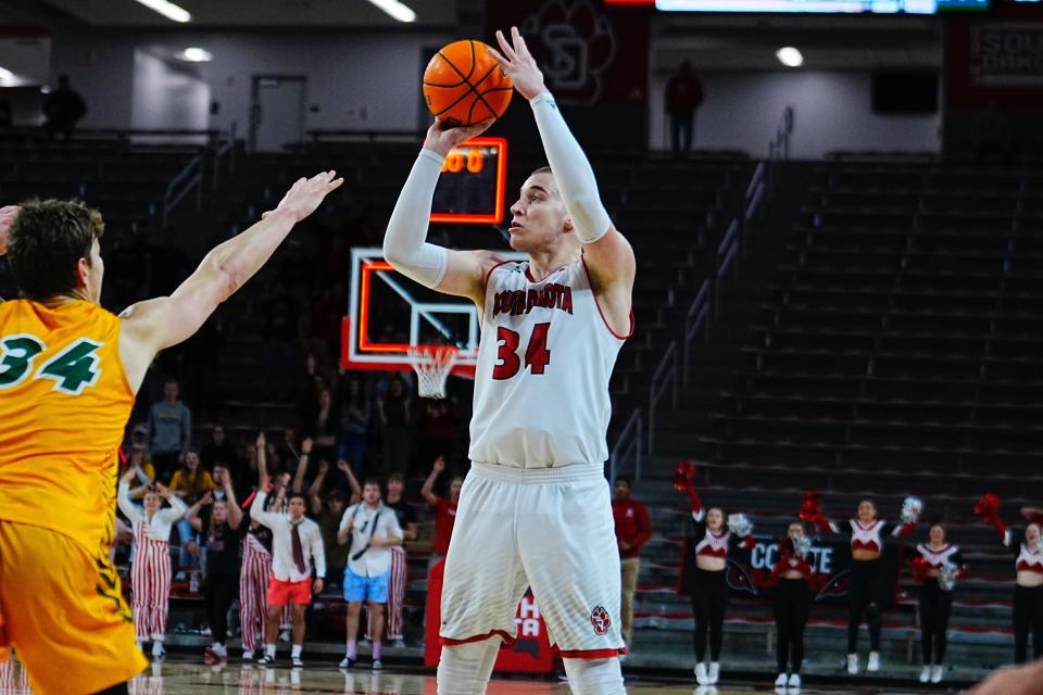 South Dakota forward Tasos Kamateros' hand remains on the ball as the clock expires against North Dakota State on Jan. 27, 2022.