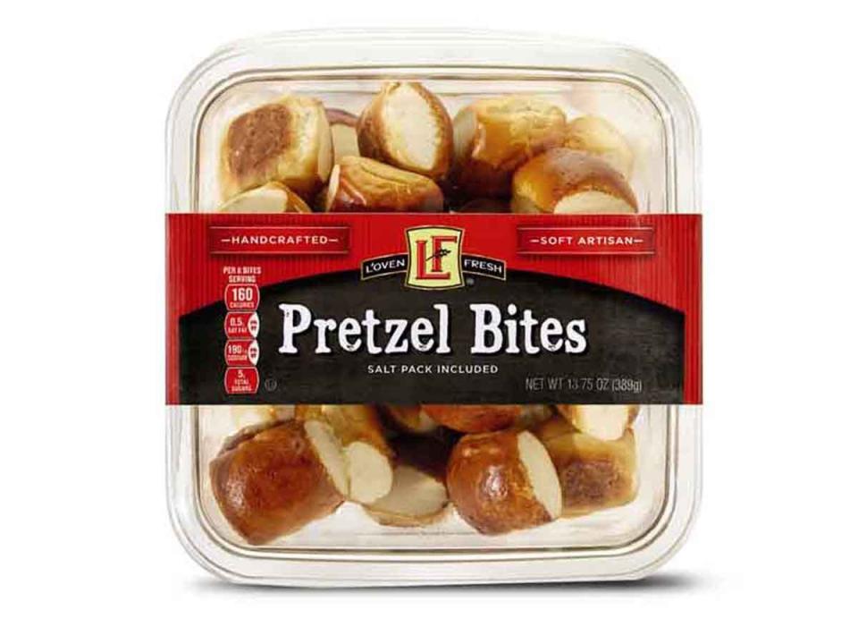 Aldi pretzel bites in clear, red, and black packaging