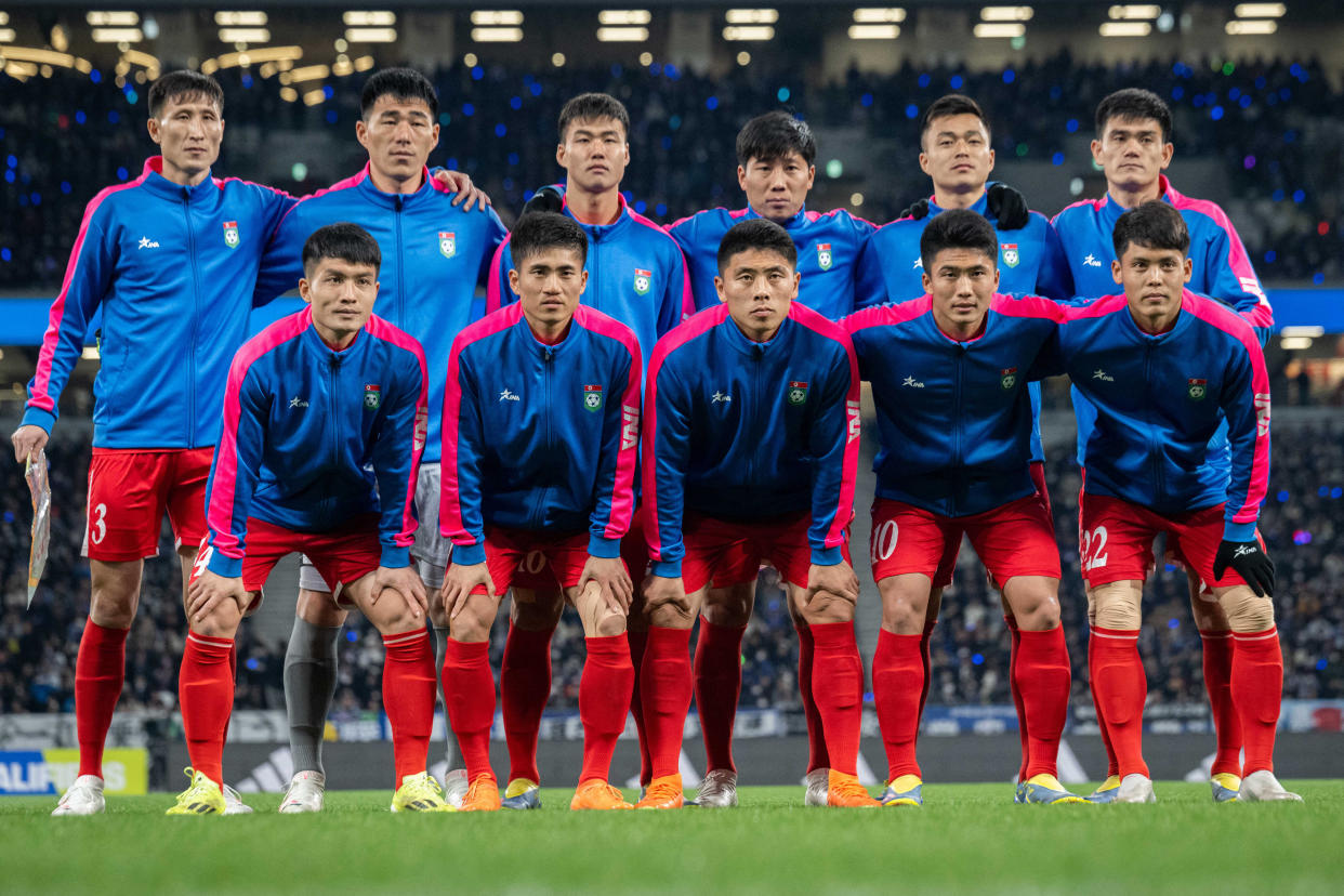 L’équipe de football nord coréenne au match de qualification pour le Mondial 2026 contre Tokyo le 21 mars 2024.