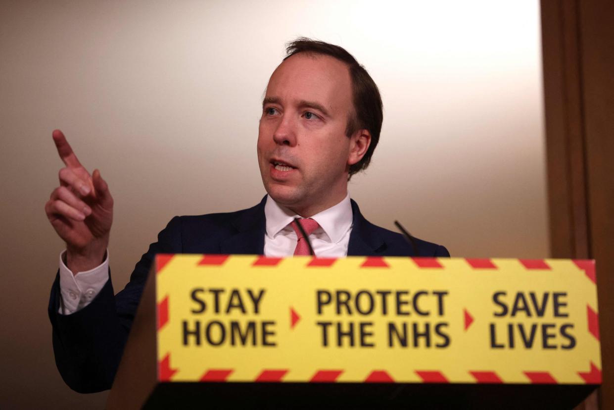 <p>Matt Hancock gives an update on the coronavirus covid-19 pandemic during a virtual press conference inside 10 Downing Street </p> (POOL/AFP via Getty Images)