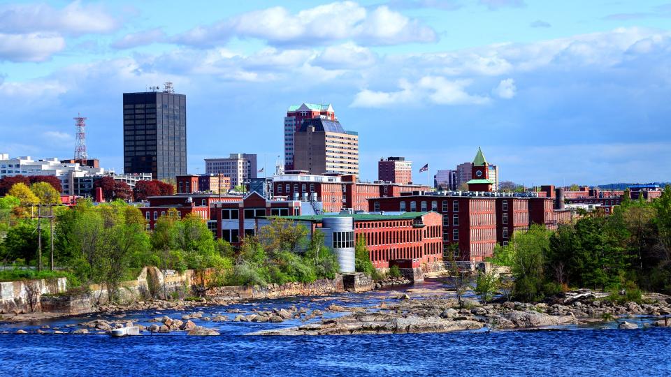 Downtown Manchester, New Hampshire along the banks of the Merrimack River.