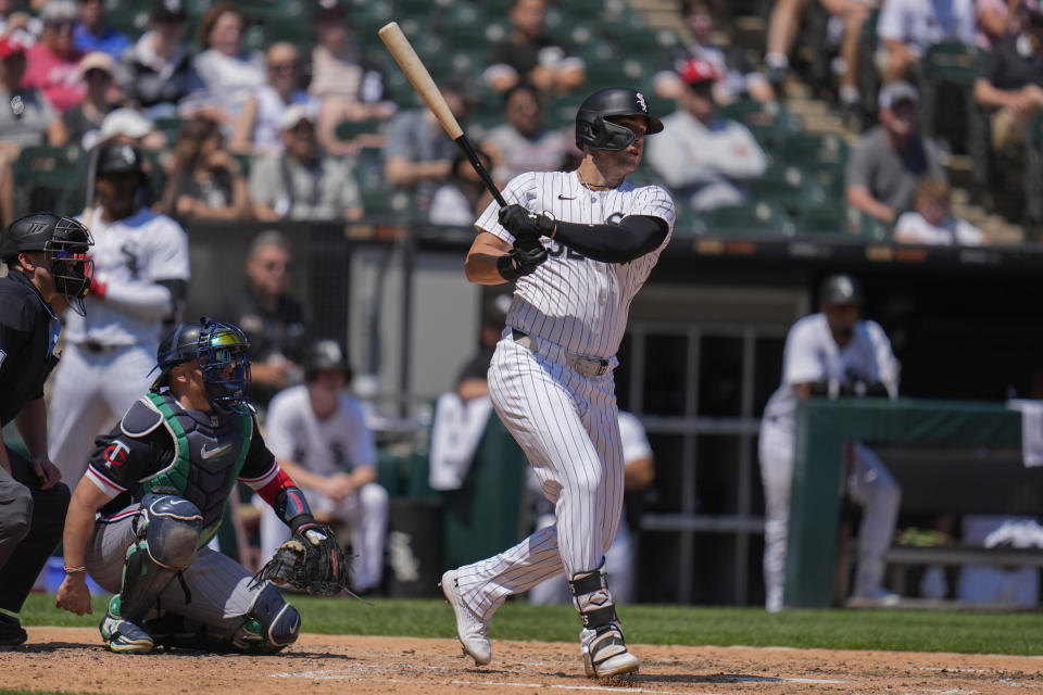 Chicago White Sox's Gavin Sheets hits a double during the fifth inning of a baseball game against the Minnesota Twins, Wednesday, July 10, 2024, in Chicago. (AP Photo/Erin Hooley)