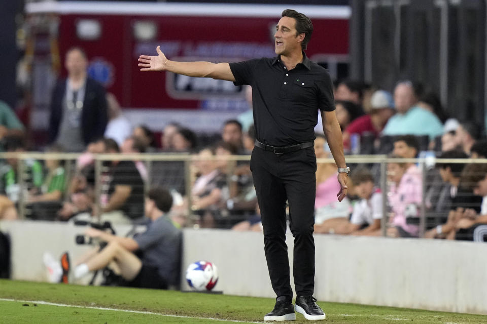 Austin FC head coach Josh Wolff gestures during the first half of an MLS soccer match against Inter Miami, Saturday, July 1, 2023, in Fort Lauderdale, Fla. (AP Photo/Lynne Sladky)
