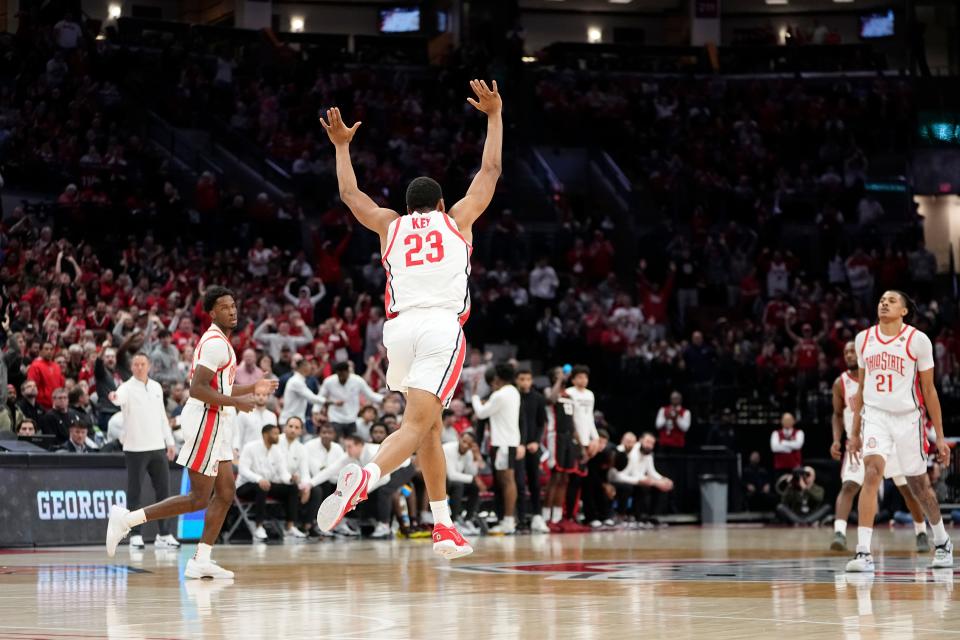 Mar 26, 2024; Columbus, OH, USA; Ohio State Buckeyes forward Zed Key (23) celebrates a dunk during the second half of the NIT quarterfinals against the Georgia Bulldogs at Value City Arena. Ohio State lost 79-77.