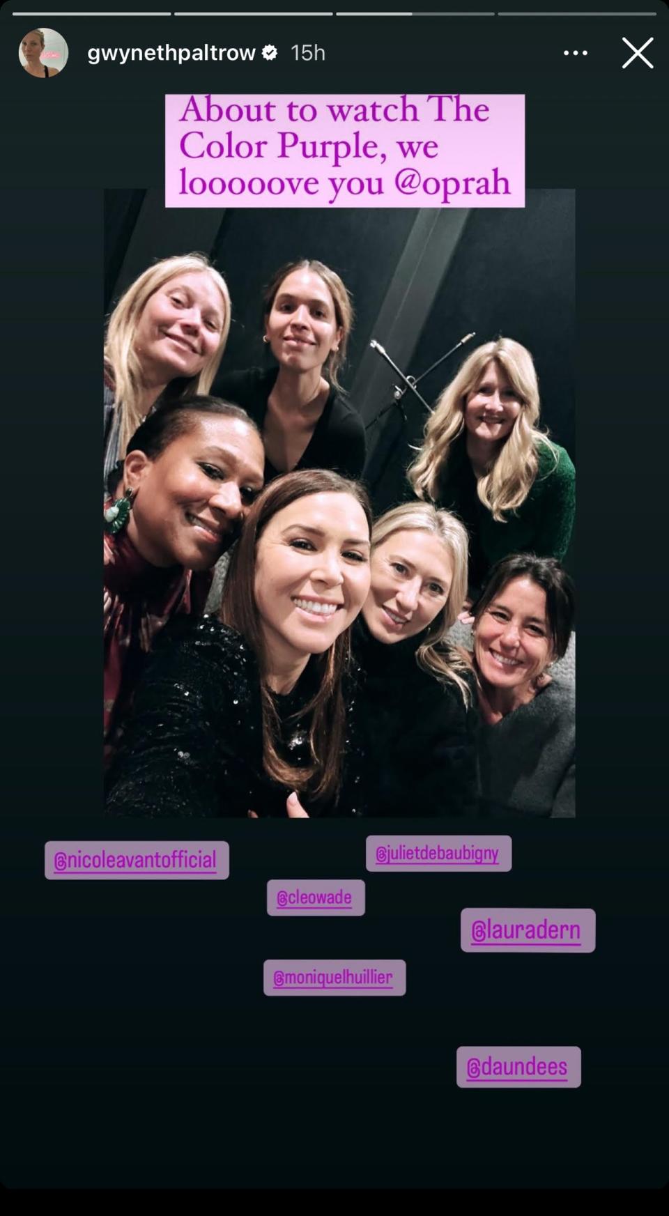 Gwyneth Paltrow watching The Color Purple via Instagram Stories