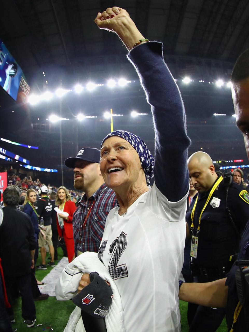 Galynn Brady, mother of Tom Brady #12 of the New England Patriots, celebrates after defeating the Atlanta Falcons during Super Bowl 51 at NRG Stadium on February 5, 2017 in Houston, Texas