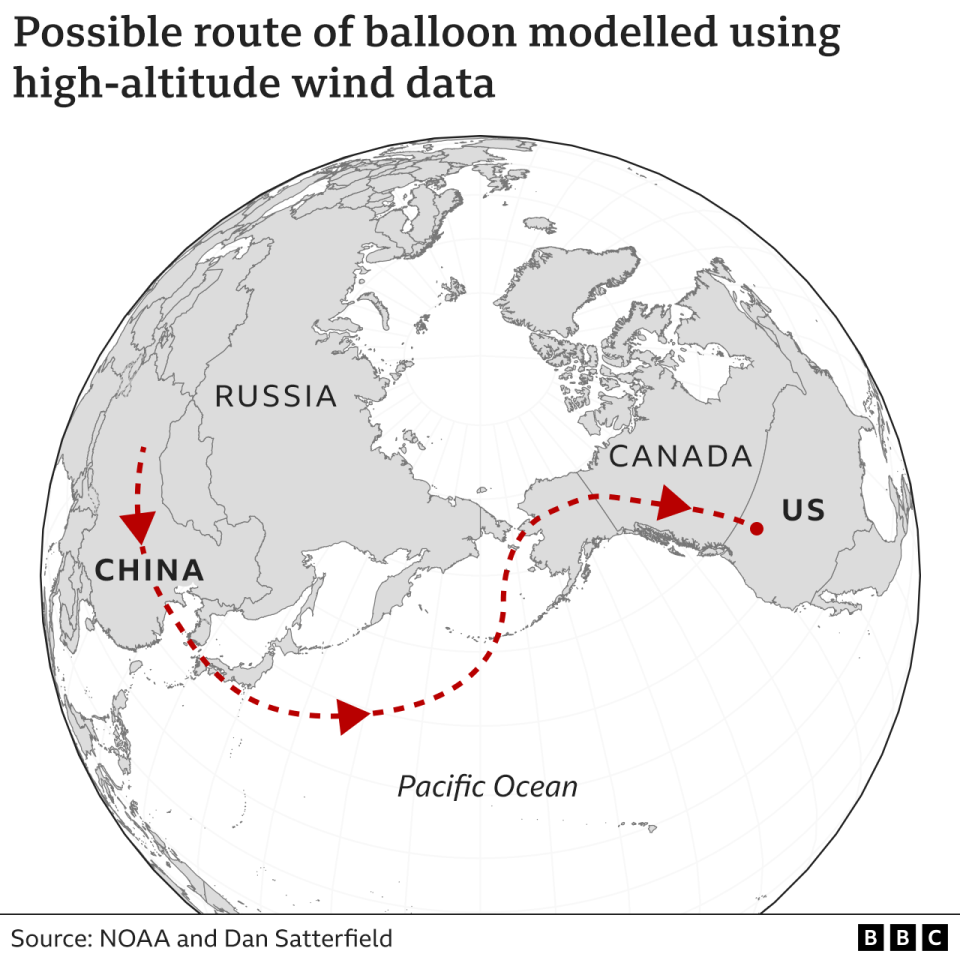 Map showing possible route of balloon from China to US