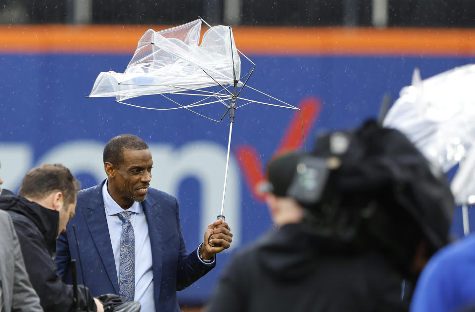 Former New York Mets pitcher Dwight Gooden leaves a ceremony that retired his No. 16 at Citi Field before a baseball game between the Mets and the Kansas City Royals, Sunday, April 14, 2024, in New York. (AP Photo/Noah K. Murray)