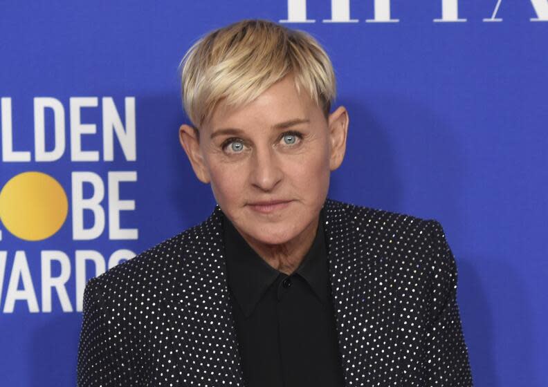 FILE - Ellen DeGeneres, winner of the Carol Burnett award, poses in the press room at the 77th annual Golden Globe Awards on Jan. 5, 2020, in Beverly Hills, Calif. Three producers of her daytime show, "The Ellen DeGeneres Show," have exited amid complaints of a difficult and unfair workplace environment. (AP Photo/Chris Pizzello, File)