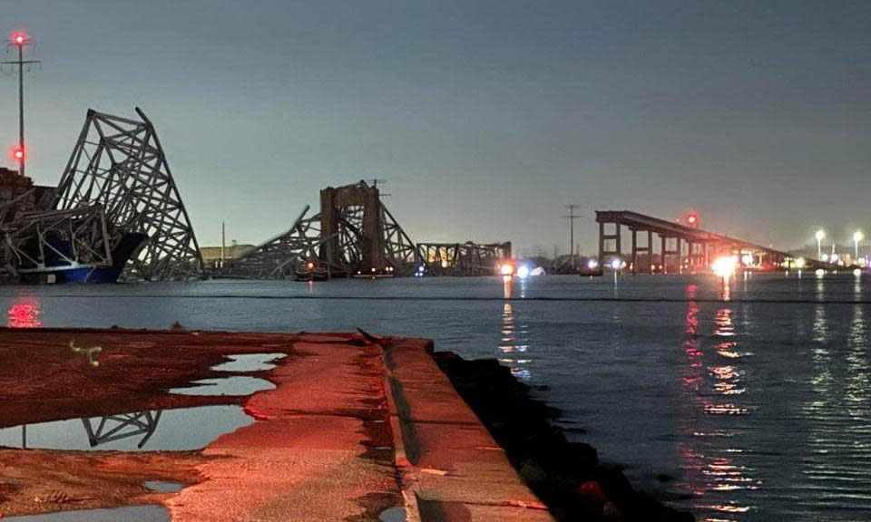 <span>A view of the Francis Scott Key Bridge after it collapsed, in Baltimore, Maryland, US.</span><span>Photograph: Harford County Md Fire & Ems/Reuters</span>