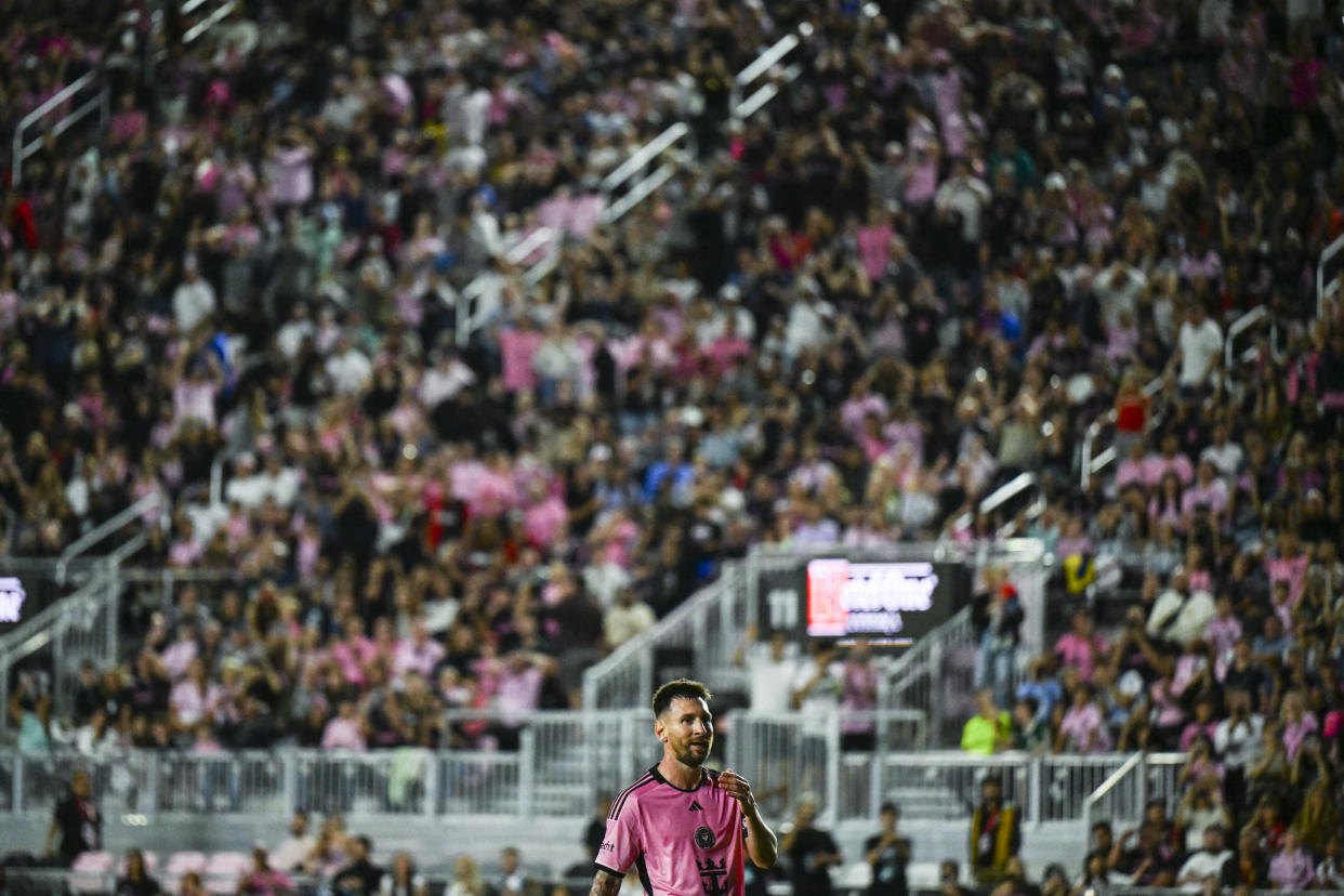 Inter Miami's Argentine forward #10 Lionel Messi during the friendly football match between Inter Miami CF vs. Newell's Old Boys at DRV PNK Stadium in Fort Lauderdale, Florida, on February 15, 2024. Inter Miami superstar Lionel Messi returned to the starting lineup for the MLS club on Thursday in a 1-1 home draw with his Argentine boyhood club, Newell's Old Boys. (Photo by CHANDAN KHANNA / AFP) (Photo by CHANDAN KHANNA/AFP via Getty Images)