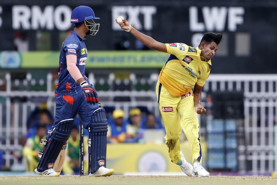 Chennai Super Kings' Matheesha Pathirana, right, bowls a delivery during the Indian Premier League cricket match between Lucknow Super Giants and Chennai Super Kings in Lucknow, India, Wednesday, May 3, 2023. (AP Photo/Surjeet Yadav)