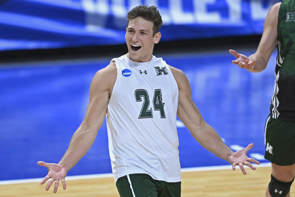 Hawaii's Colton Cowell (24) celebrates after a point against BYU during the NCAA men's volleyball championship match Saturday, May 8, 2021, in Columbus, Ohio. (AP Photo/David Dermer)