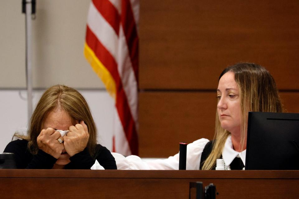 Lori Alhadeff reaches over to comfort her mother, Theresa Robinovitz, as she breaks down after reading her victim impact statement during the penalty phase of the trial of Marjory Stoneman Douglas High School shooter Nikolas Cruz at the Broward County Courthouse in Fort Lauderdale on Tuesday, August 2, 2022. Alhadeff’s daughter and Robinovitz’s granddaughter, Alyssa, was killed in the 2018 shootings. Cruz previously plead guilty to all 17 counts of premeditated murder and 17 counts of attempted murder in the 2018 shootings.