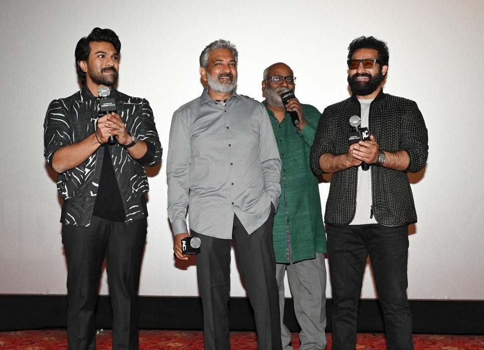 Ram Charan, S. S. Rajamouli, M. M. Keeravani, N. T. Rama Rao Jr. at the Q&A for "RRR" held at TCL Chinese Theatre IMAX on January 9, 2023 in Los Angeles, California.