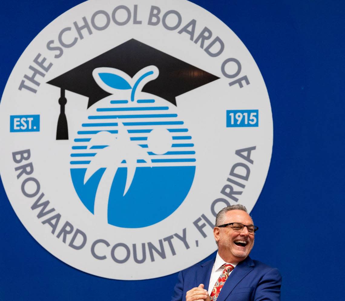 Broward County Public Schools Superintendent Peter Licata reacts during a school board meeting at the Kathleen C. Wright Building on Tuesday, Nov. 14, 2023, in Fort Lauderdale, Fla.