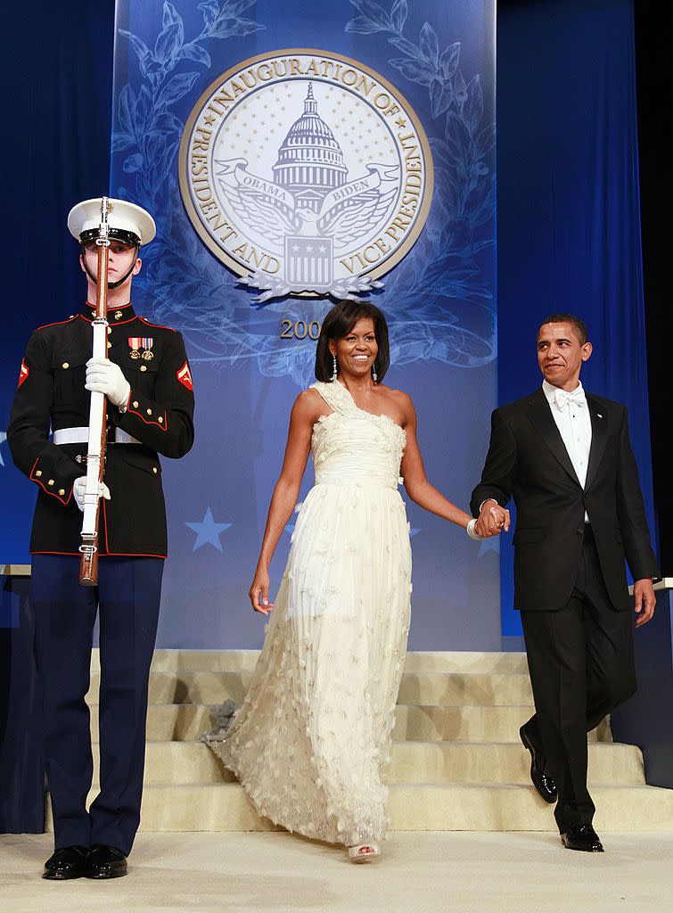 Michelle Obama at the first Inaugural Ball, where she wore her first Wu. (Photo: Getty)
