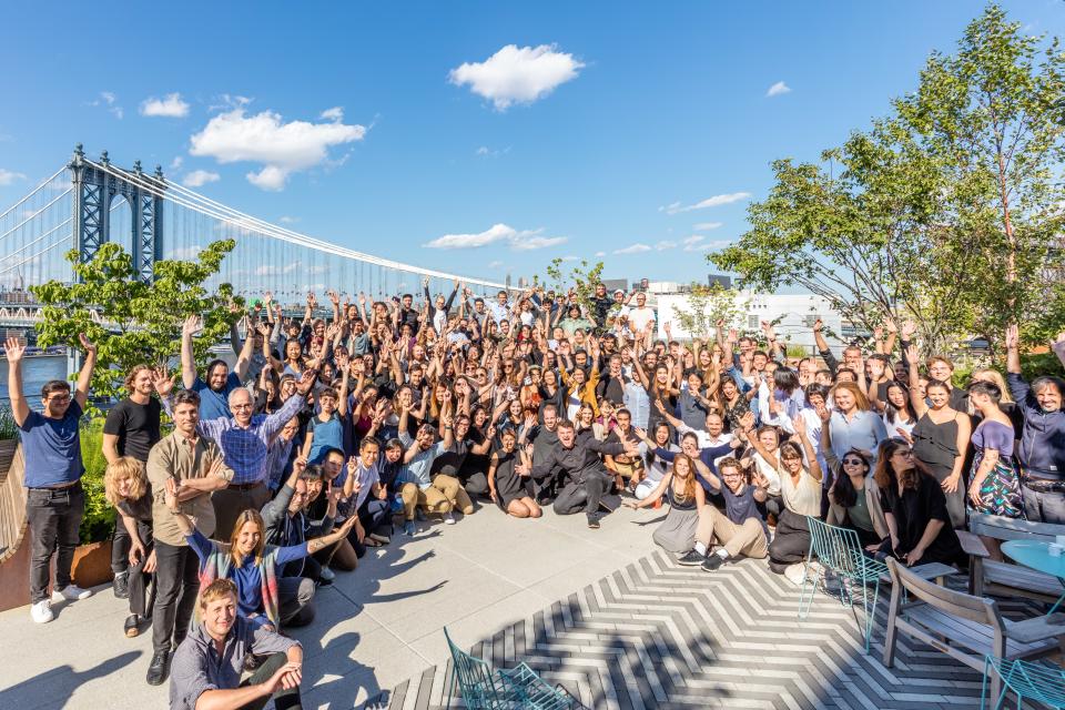 Communal outdoor space has been a signature of BIG’s designs from the beginning. “We consider the rooftop terrace as an extension of our office,” says Bergmann. “Our staff come up here to eat, to hold meetings, or just to think.” The 9,500-square-foot roof deck offers spectacular views of the Manhattan Bridge and lower Manhattan.