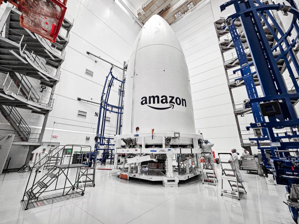 The first two prototype satellites of Amazon's Project Kuiper broadband constellation are encapsulated inside the payload fairing of a United Launch Alliance Atlas V rocket last October ahead of liftoff from Cape Canaveral Space Force Station.
