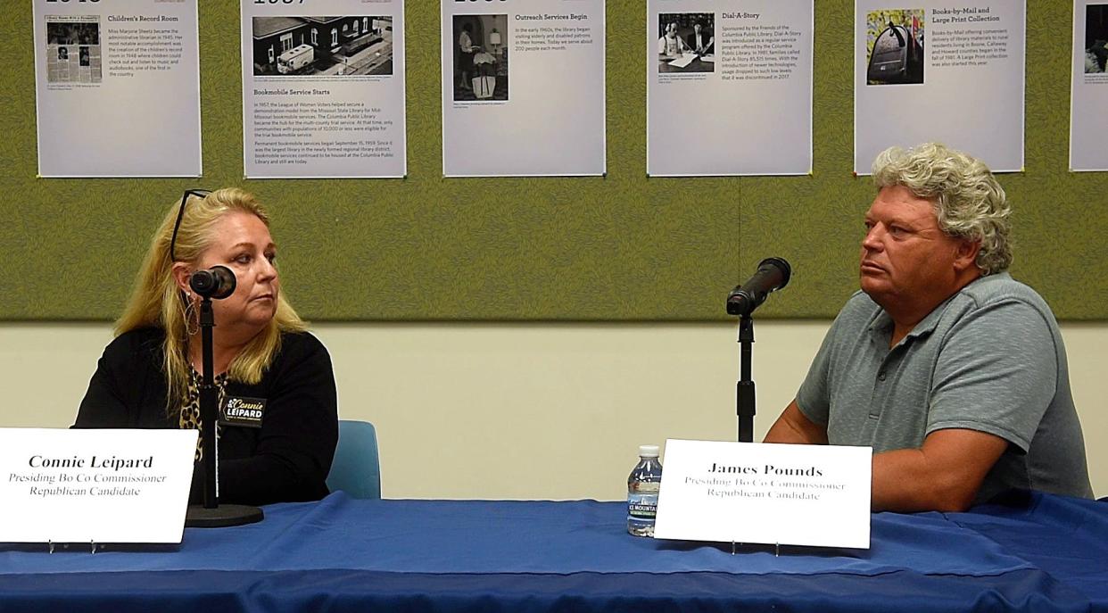 Boone County presiding commissioner candidates Connie Leipard and James Pounds answer questions Thursday at the League of Women Voters Forum at the Columbia Public Library. Other candidates appearing were for state representative District 47, Boone County recorder of deeds and Division 10 associate circuit judge.