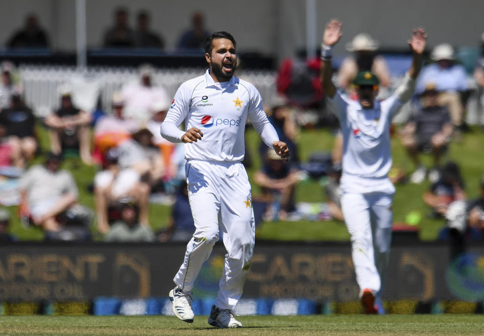 Pakistan's Faheem Ashraf appeals for a wicket during play on day two of the second cricket test between Pakistan and New Zealand at Hagley Oval, Christchurch, New Zealand, Monday, Jan 4. 2021. (John Davidson/Photosport via AP)